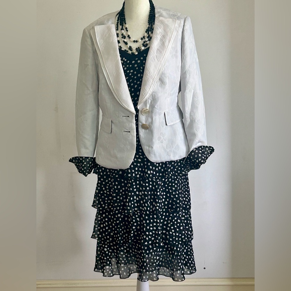 Carlisle Black & White Silk Polka Dot Cami, Skirt, Matching White Brocade Blazer